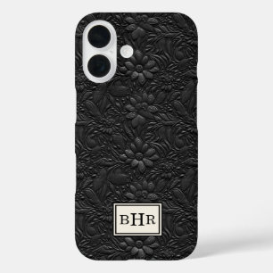 Vintage Black Tooled Leather Monogrammed iPhone 16 Case