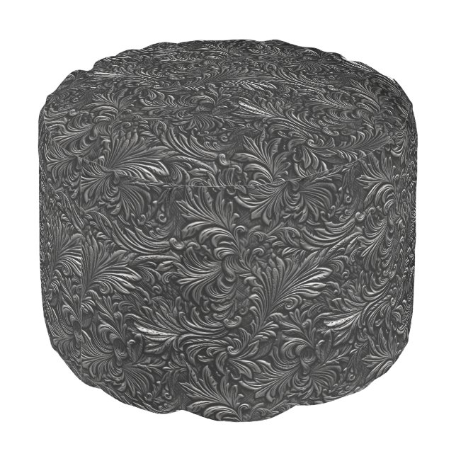 vintage black tooled leather pouf (Angled Back)