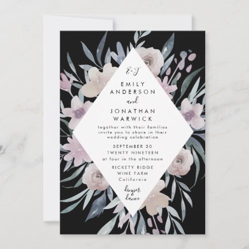 Vintage Black Watercolor Flower Wedding Invitation