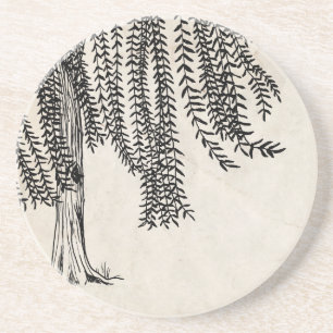 Vintage Black Weeping Willow Tree Drink Coaster