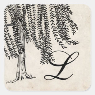 Vintage Black Weeping Willow Tree Monogram Square Sticker