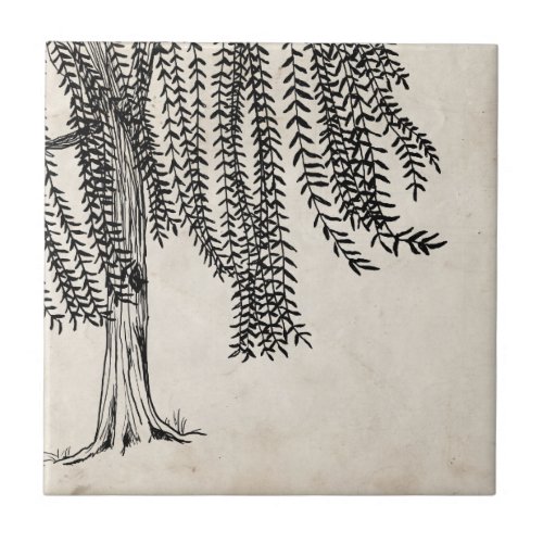 Vintage Black Weeping Willow Tree Tile