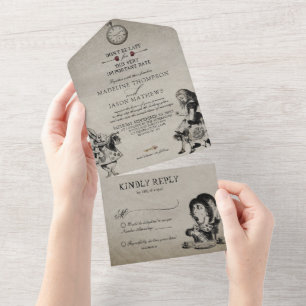 Vintage Black White Alice in Wonderland Wedding All In One Invitation