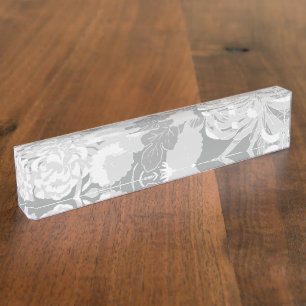Vintage black, white and grey flowers and birds desk name plate