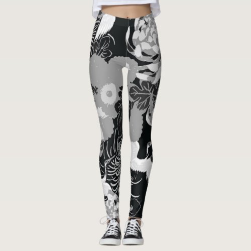 Vintage black white and grey flowers and birds leggings