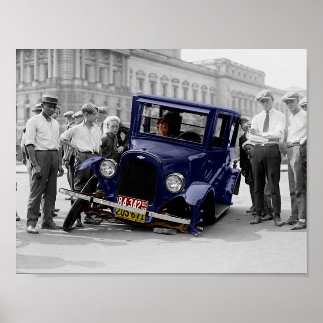 Vintage Black & White Antique Auto Car  Wreck Poster (Front)