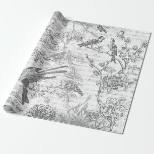 Vintage Black White Birds Flowers French Script Wrapping Paper
