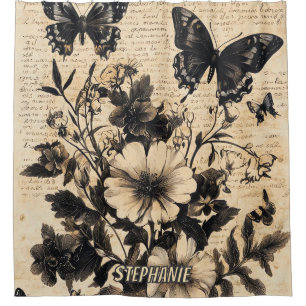 Vintage Black White Butterfly Wildflower Parchment Shower Curtain