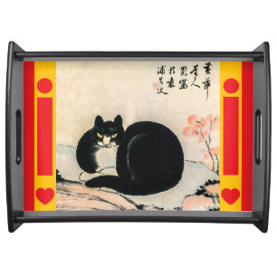 Vintage Black White Cat and Narcissus by Zhu Ling Serving Tray