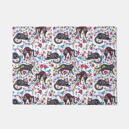 Vintage Black White Cats Halloween Gothic Floral Doormat