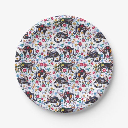 Vintage Black White Cats Halloween Gothic Floral Paper Plates