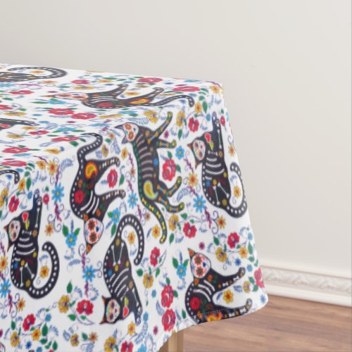 Vintage Black White Cats Halloween Gothic Floral Tablecloth
