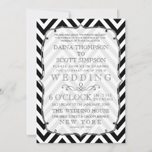 Vintage Black &amp; White Chevron Wedding Invite