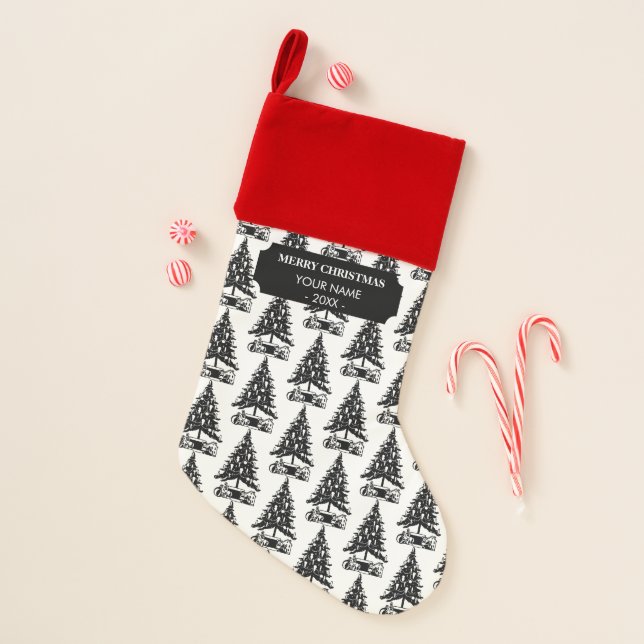 Vintage Black White Christmas Tree Holiday   Stocking (Front)