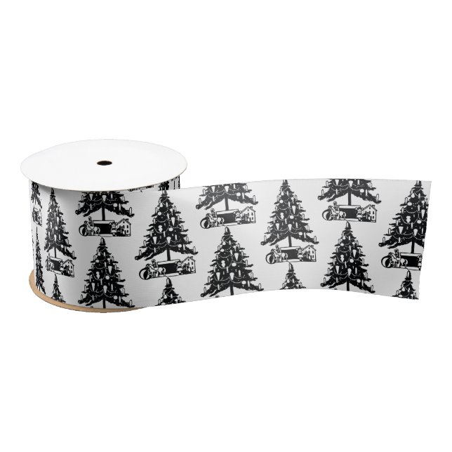 Vintage Black White Christmas Tree Satin Ribbon (Spool)