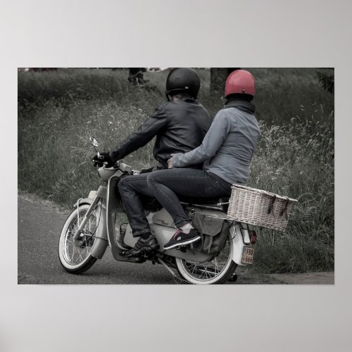 Vintage Black  White Couple on Motorcycle Poster