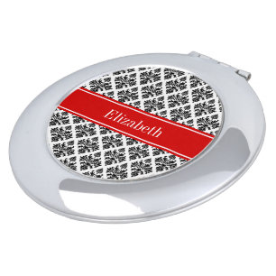 Vintage Black White Damask #3 Red Name Monogram Compact Mirror