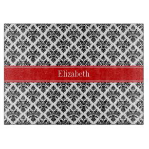 Vintage Black White Damask #3 Red Name Monogram Cutting Board