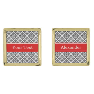 Vintage Black White Damask #3 Red Name Monogram Gold Cufflinks