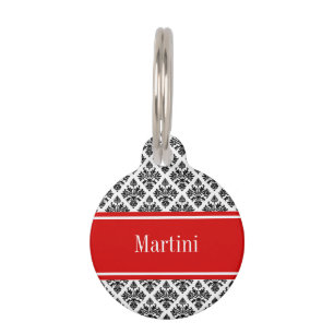 Vintage Black White Damask #3 Red Name Monogram Pet ID Tag