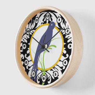 Vintage Black White Damask Navy Yellow Bird Clock