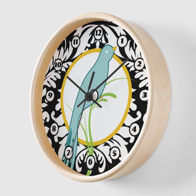 Vintage Black White Damask Teal Yellow Bird Clock (Angle)