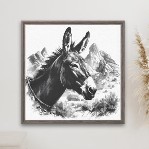 Vintage Black & White Donkey Western Wall Art
