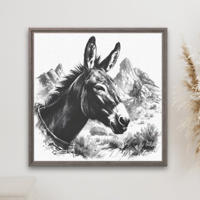 Vintage Black & White Donkey Western Wall Art (black and white southwest donkey canvas print)