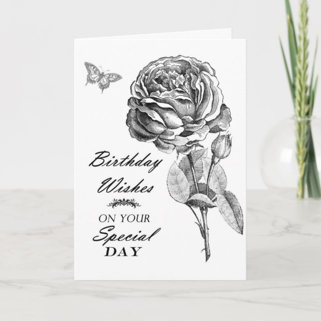 Vintage black white drawing rose flower Birthday Card (Front)