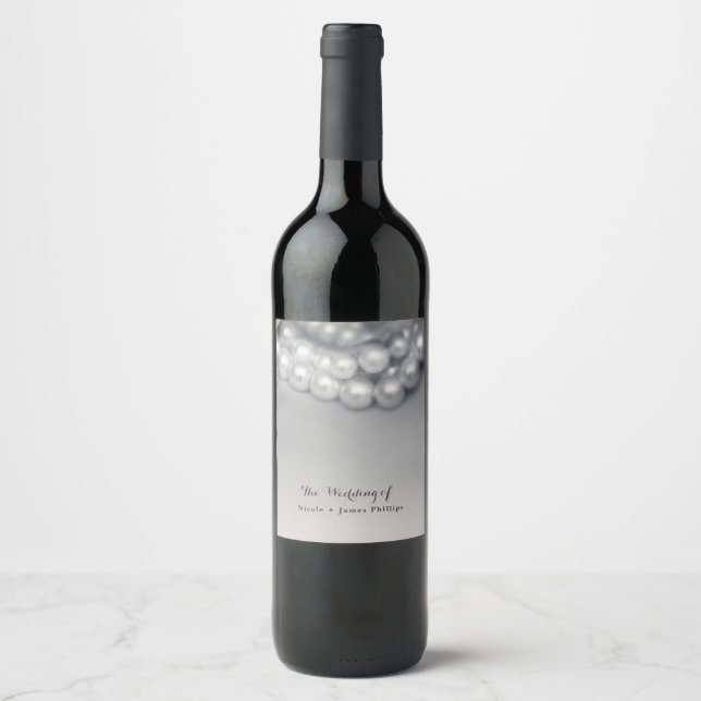 Vintage Black & White Elegant Pearls Wine Labels (Front)