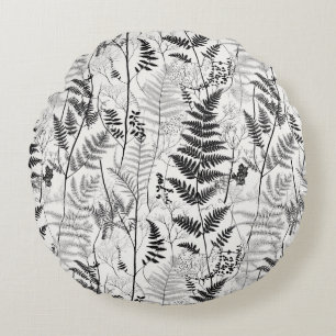 Vintage black white fern pattern round pillow