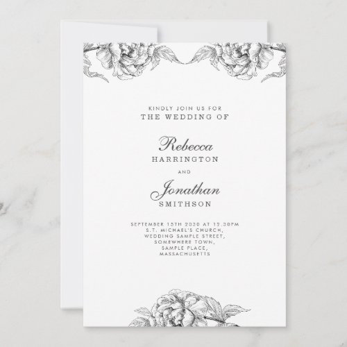 Vintage Black White Floral Botanical Wedding RSVP Invitation