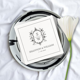 Vintage black white floral crest monogram wedding napkins