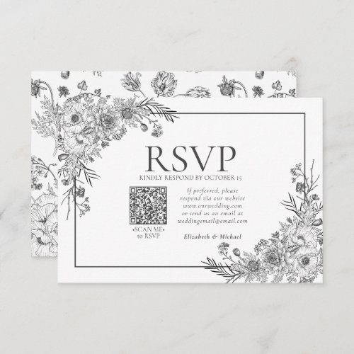 Vintage Black  White Floral Line Art QR Code RSVP