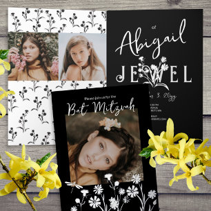 Vintage Black & White Floral Photo Bat Mitzvah Foil Greeting Card