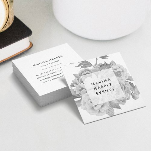 Vintage Black  White Floral Square Square Business Card