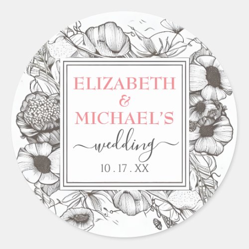 Vintage Black White Floral Wedding Square Frame Classic Round Sticker