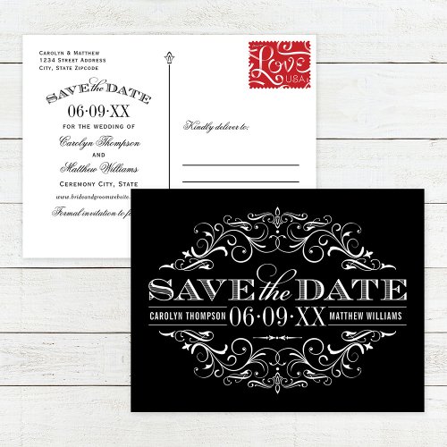 Vintage Black White Flourish Wedding Save the Date Announcement Postcard