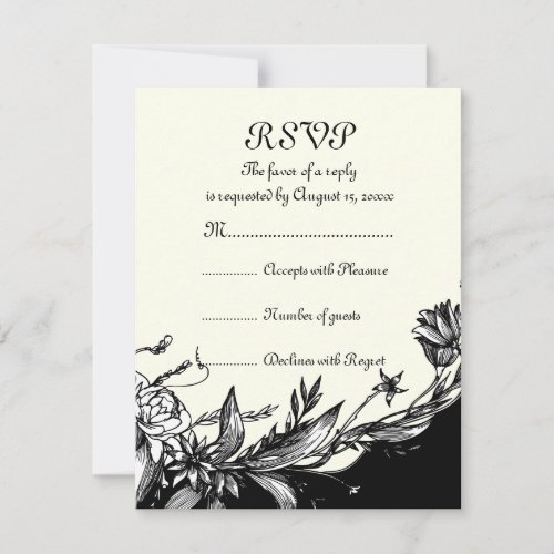 Vintage black white flowers ivory floral RSVP card
