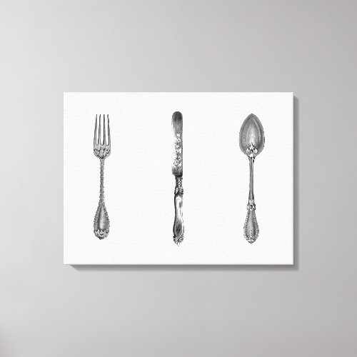 Vintage Black  White Fork Knife Spoon Kitchen Art Canvas Print