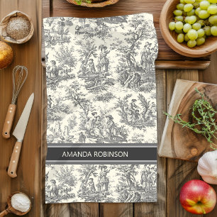 Vintage Black White French Country Toile de Jouy Kitchen Towel