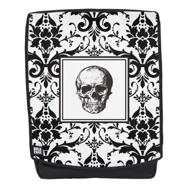 Vintage Black & White Gothic Damask Pattern Skull Backpack (Front)