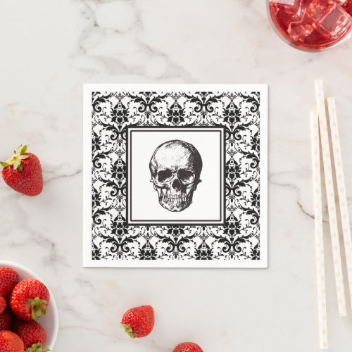 Vintage Black  White Gothic Damask Pattern Skull Napkins