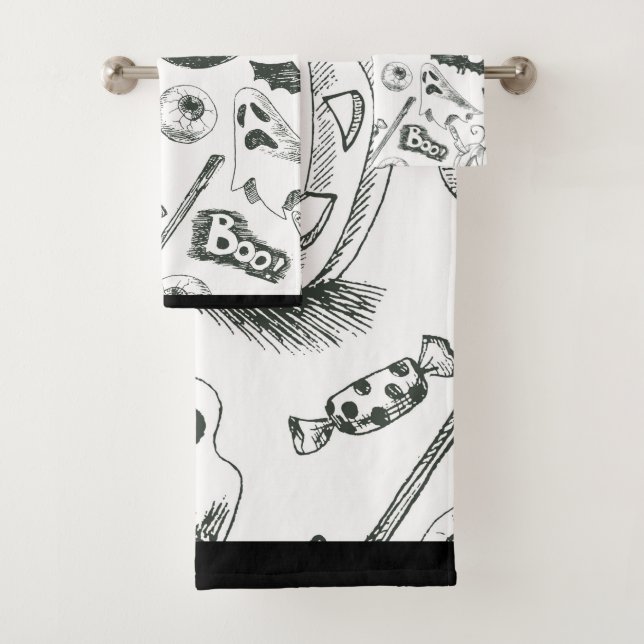Vintage Black & White Halloween Pattern Bath Towel Set (Insitu)