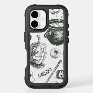 Vintage Black & White Halloween Pattern iPhone 16 Case