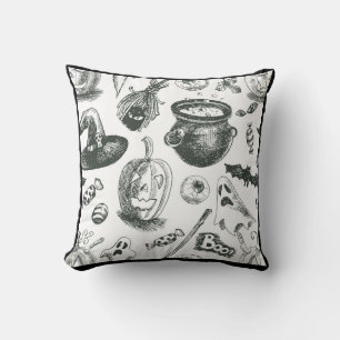 Vintage Black & White Halloween Pattern Throw Pillow