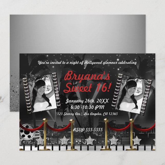 Vintage Black White Hollywood Red Carpet Photo Invitation (Front/Back)