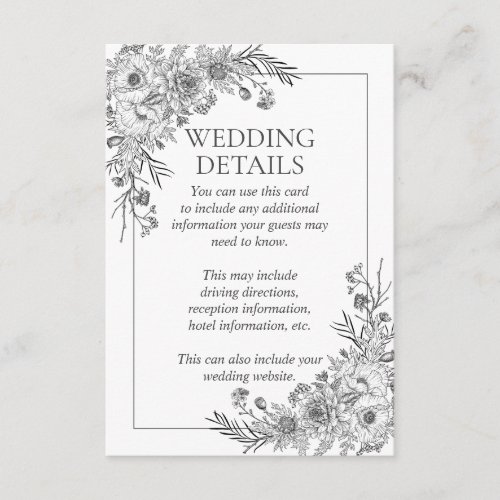 Vintage Black White Line Art Wedding Details Enclosure Card