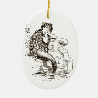 Vintage Black White Mermaid Drawing Ceramic Ornament