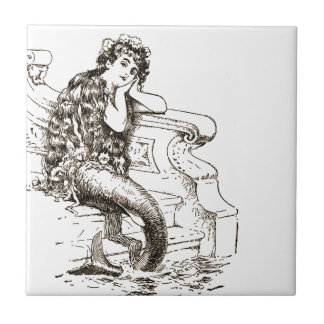Vintage Black White Mermaid Drawing Ceramic Tile